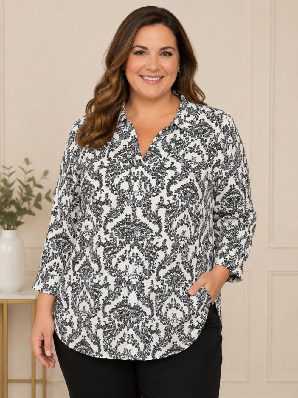 Talbots Woman Petite 22WP Black White Damask Print Button Front Long Sleeve